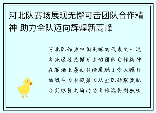 河北队赛场展现无懈可击团队合作精神 助力全队迈向辉煌新高峰