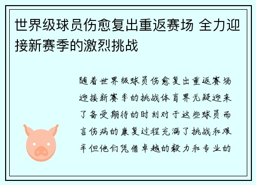 世界级球员伤愈复出重返赛场 全力迎接新赛季的激烈挑战